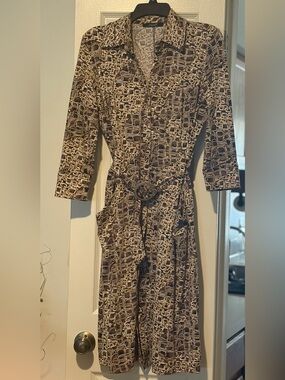 Printed Brown & Cream Belted Shirt Dress